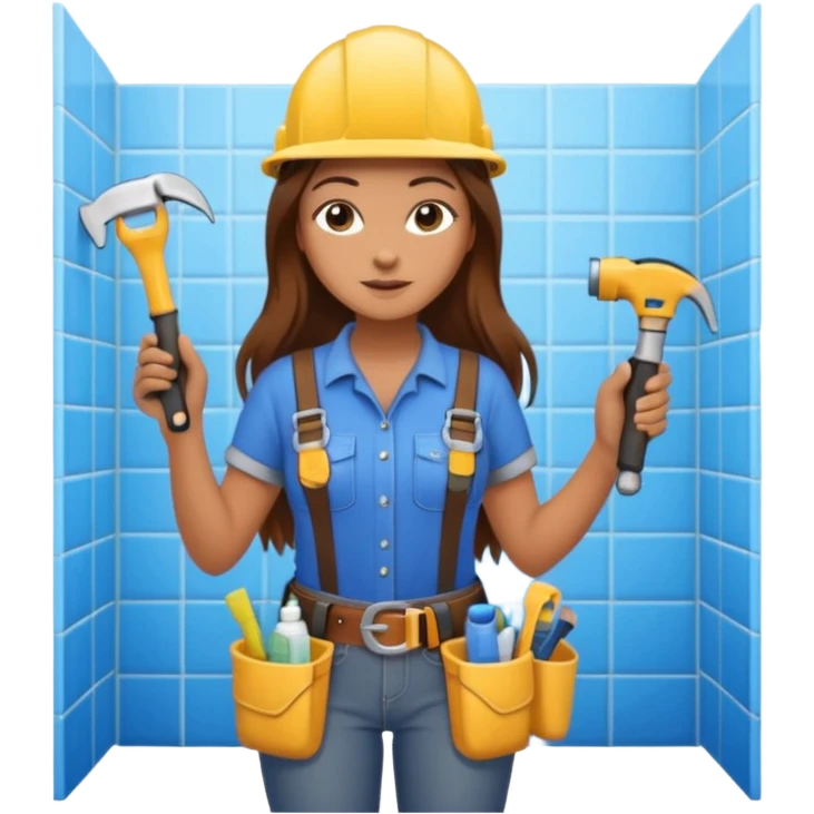 beautiful girl with long brown hair constructing new bathroom area with new shower and amenities  emoji