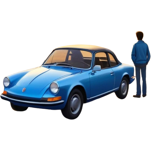 A parked blue car sits quietly on the side of an open road, facing a breathtaking sunset. Two people stand outside, backs turned, watching the horizon. The road stretches endlessly ahead, surrounded by a peaceful, glowing landscape full of light, warmth, and possibilit emoji