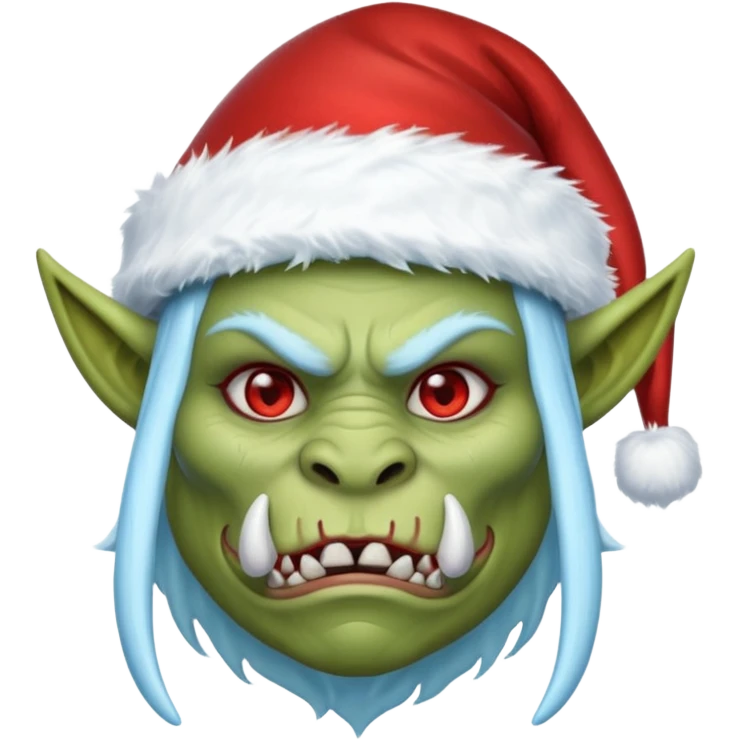 Fantasy orc emoji portrait, Santa Claus hat stretched around tusks, tusks covered with ice and crimson frost cracks, cold predator expression, winter hunt atmosphere, minimal clean emoji design, female variant
 emoji