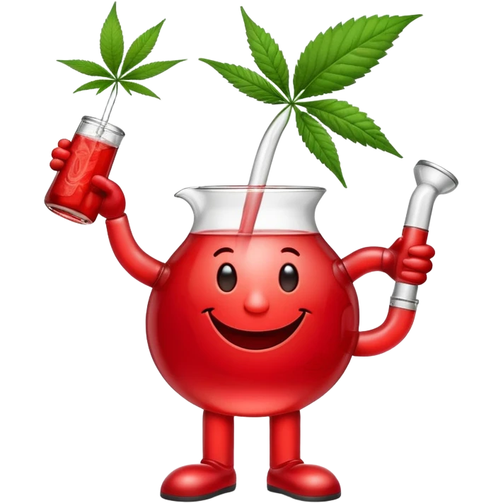 Kool-Aid Man pitcher character with legs and arms holding a bong and a prominent cannabis leaf emoji