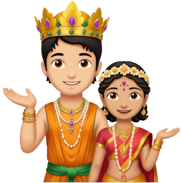 Brahmin boy is thanking to the bharatanatyam dancer. She is in lordess padmavati with golden crown and giant flower garland on her neck. The girl is fat and tall the boy is small. emoji