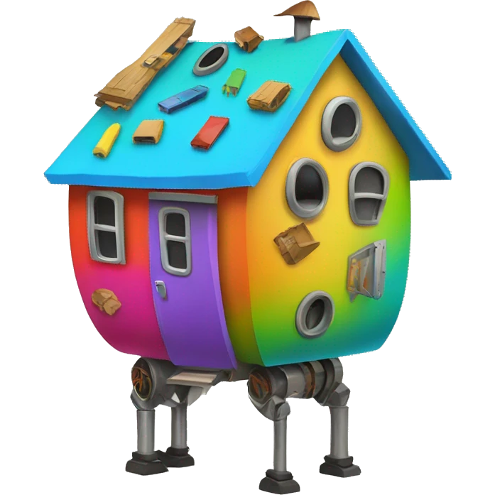 multiple colorful pieces of junk creating a round walking house on four tall legs  emoji