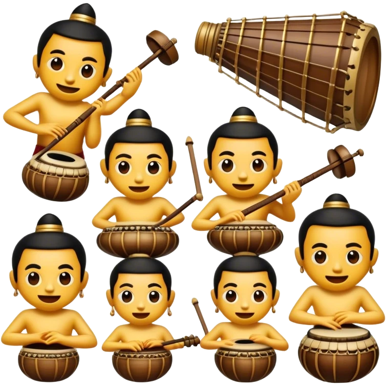 Cinematic Realistic Gamelan Pop Culture Emoji, depicted with an ensemble of traditional Indonesian instruments rendered with rich textures and rhythmic, cultural lighting. emoji