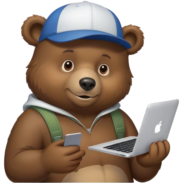 Bear wearing a cap and holding a MacBook in one hand and in the other texting on an iPhone emoji