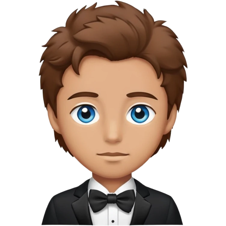 Blue eye brown hair fluffy over forehead in a black tux  emoji