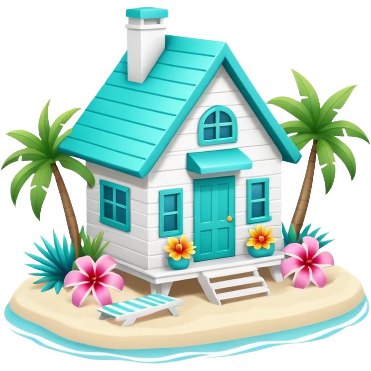 cute beach house, turquoise and white, colorful details, tropical flowers, 3D cartoon, mobile game icon style, clean background, no text, no watermark
 emoji