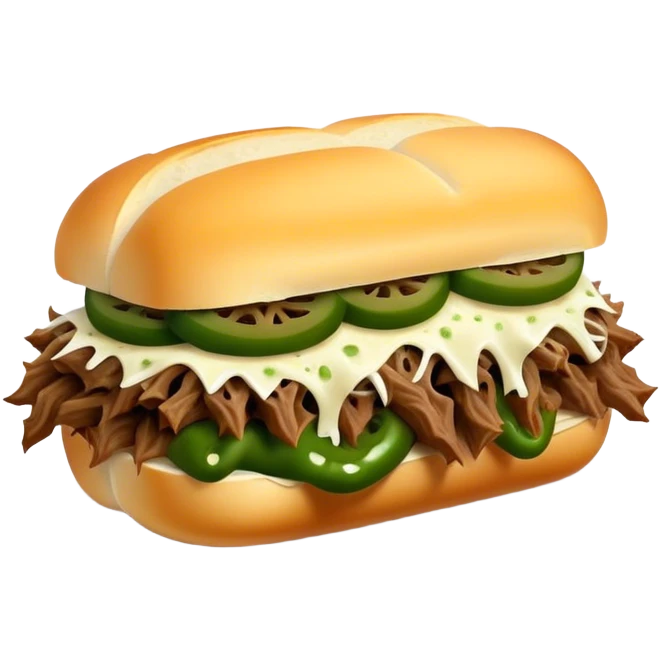 Chicago Italian cheesy beef sandwich. Italian bread, shredded beef, white provolone cheese, green peppers. emoji