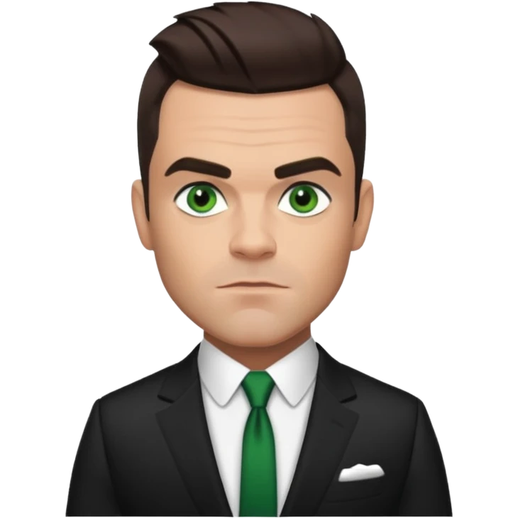Robbie Williams with dark brown hair, green eyes, suit emoji