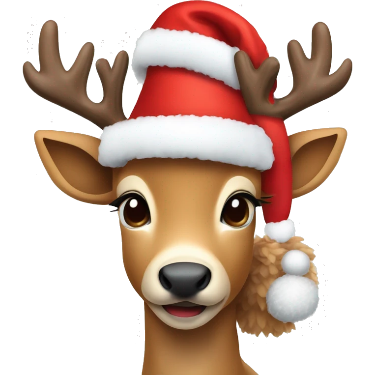 Create a cute deer emoji with soft brown fur, big kind eyes and horns. A red Christmas hat or a wreath of fir branches can be on the head to create a festive image emoji