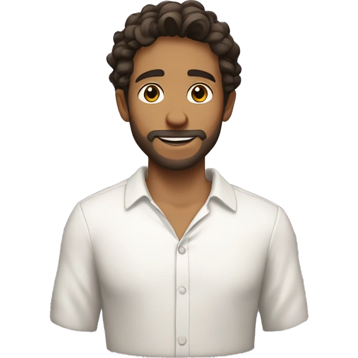 Recreate a young man with wavy dark brown hair, a short beard, and a slight smile. He wears a white open-collar shirt and has a small earring in his left ear. His expression is calm and friendly emoji