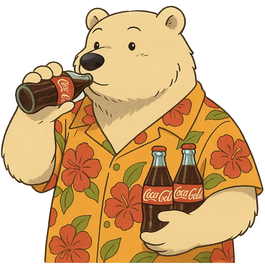 ghibli style polar bear in a Hawaiian shirt with Coke bottles, drinking Coca-Cola emoji