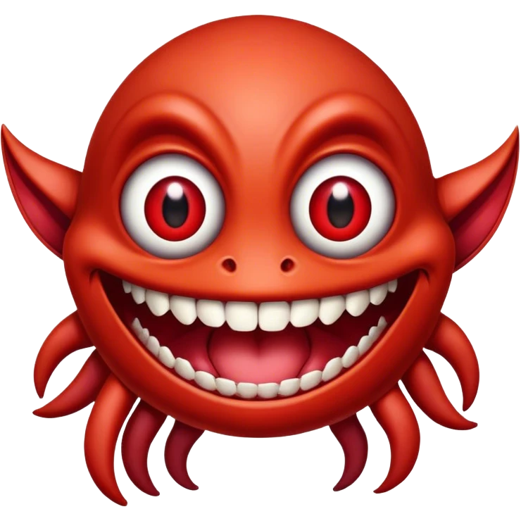Creature comes out of the eye of a another creature who has red skin and a wide smile with long teeth emoji