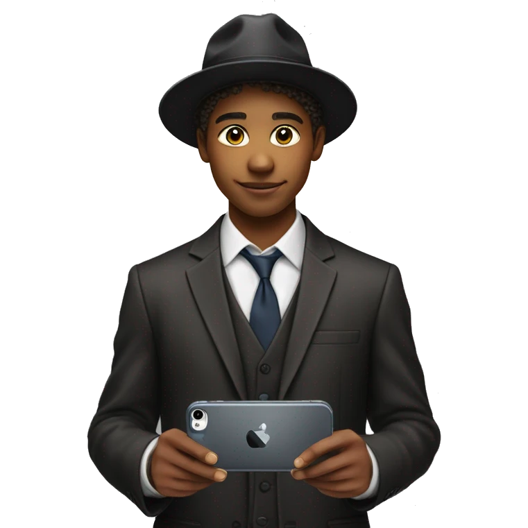 Young Man above 16 year a suit He is wearing a hat and holding an iPhone 15 Pro Max in his hand  emoji