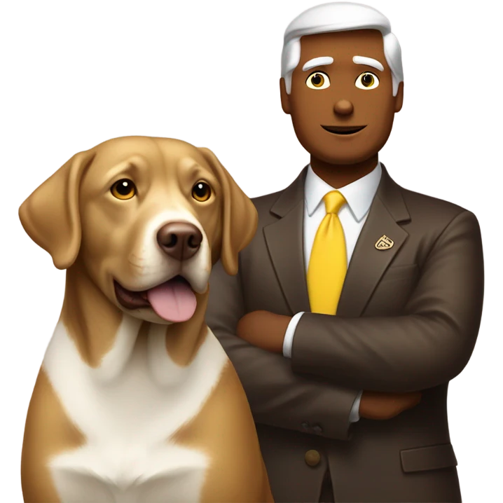 Donald trump next to a chocolate lab dog with a white stripe on chest and yellow eyes emoji