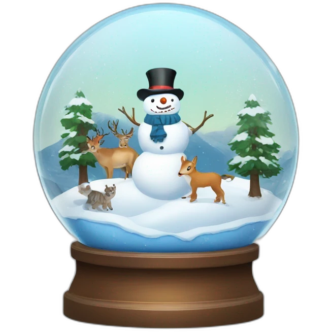 Snowman and winter landscape with wild animals in Snow globe emoji