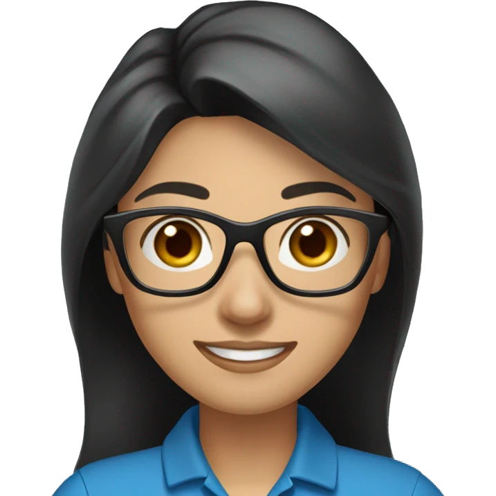 female teacher, long black hair with some grey, wearing blue eyeglasses. Brown eyes. Wering a polo shirt. Smiling emoji