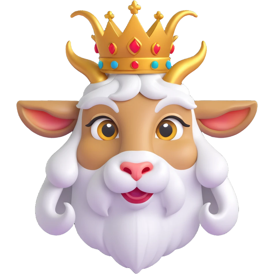 emoji-style goat face with big curved horns, a long white beard like an old wise goat, wearing a golden crown on its head, big cute eyes, cartoonish expression, majestic yet friendly look, clean and colorful digital art, simple background emoji