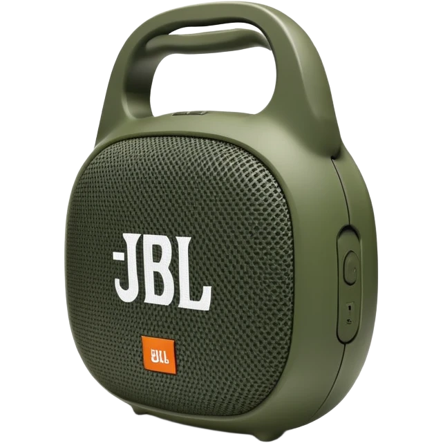 Minimalist JBL Clip 4 speaker with classic green army camouflage pattern, iOS emoji style emoji