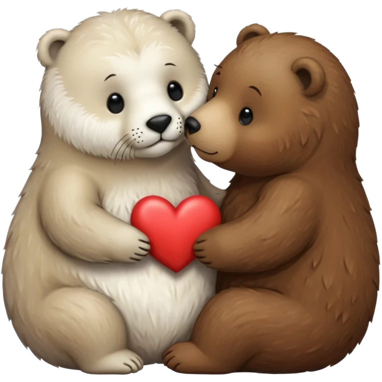 small white seal kissing a big brown bear with a heart between them emoji