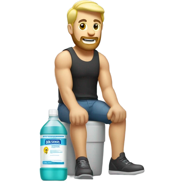 Buff man with blonde short hair and a medium length blonde beard riding on top of a giant bottle of listerine emoji