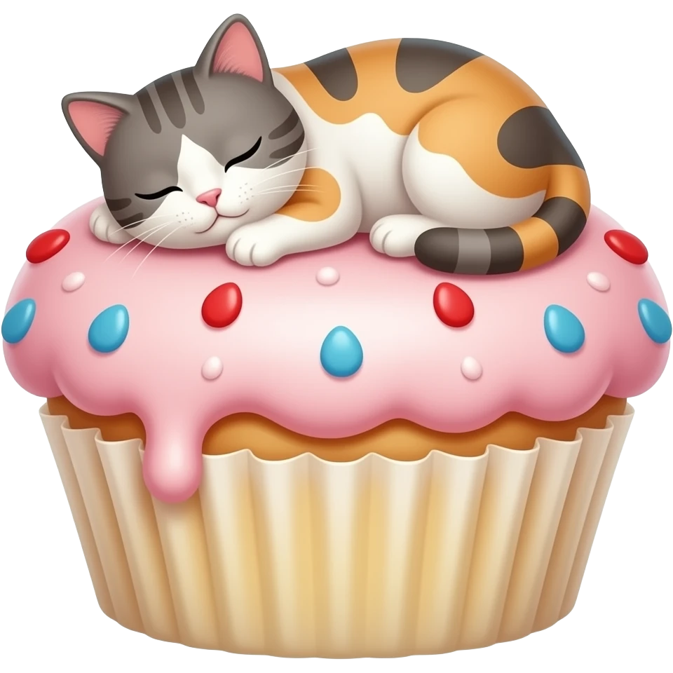 Cat sleeping on giant cupcake emoji