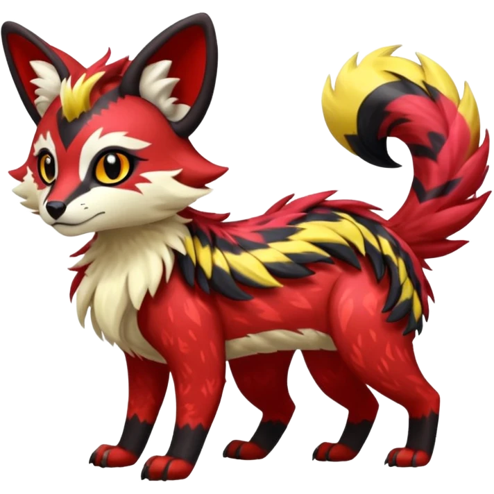Futuristic sanguine-red banana-yellow black chevron-marked furry fluffy floofy feathery tribal marked Genet-Absol-Kyurem-Zeraora-Primagen-fusion-creature  emoji