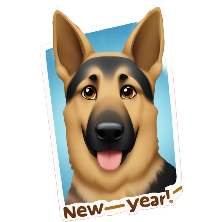 Blonde and brown German shepherd holding a sign that says “Happy New Year” emoji