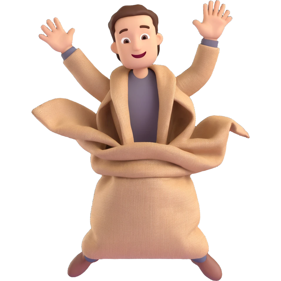 3D style cartoon man jumping in a burlap sack, holding sack with both hands, joyful, minimal background emoji