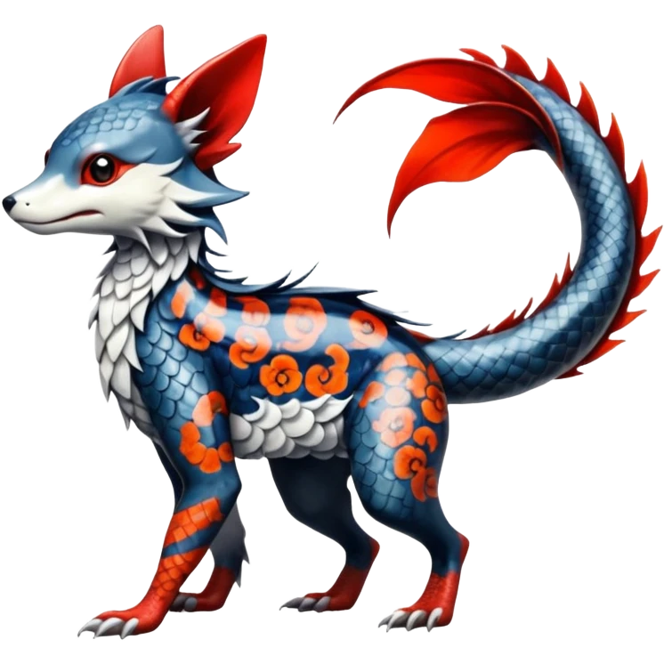 Edgy badass swimmy wet painted intricate ornate Japanese Asian koi-Sergal-Lykoi-Linoone-Electrike-Zangoose-fusion-hybrid-animal-Fakémon-creature, full body, thin long sleek scaly tail, intricate markings emoji