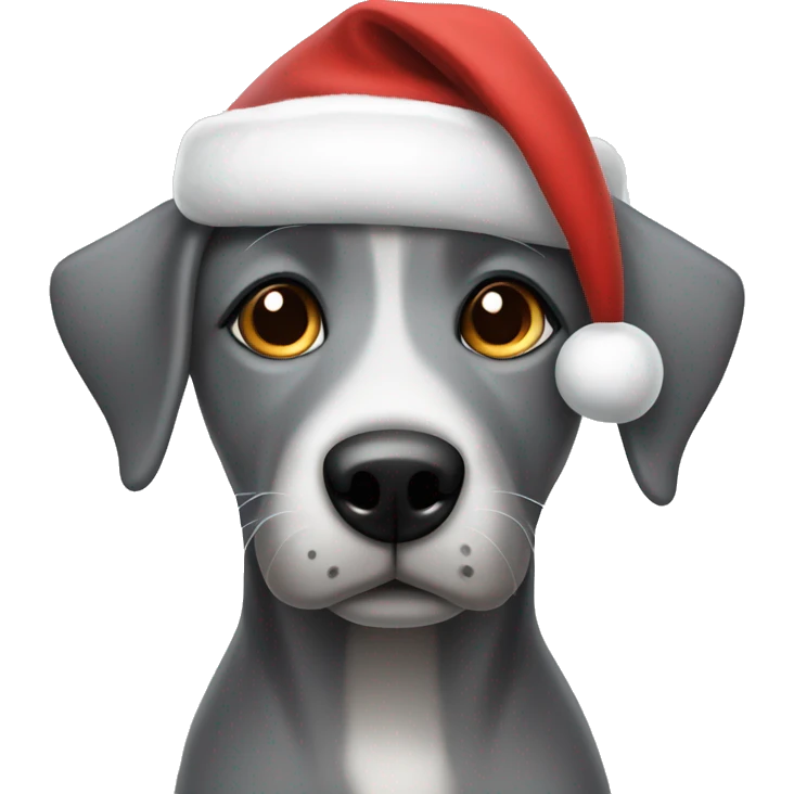 A grey dog with hazel eyes wearing a Santa hat emoji