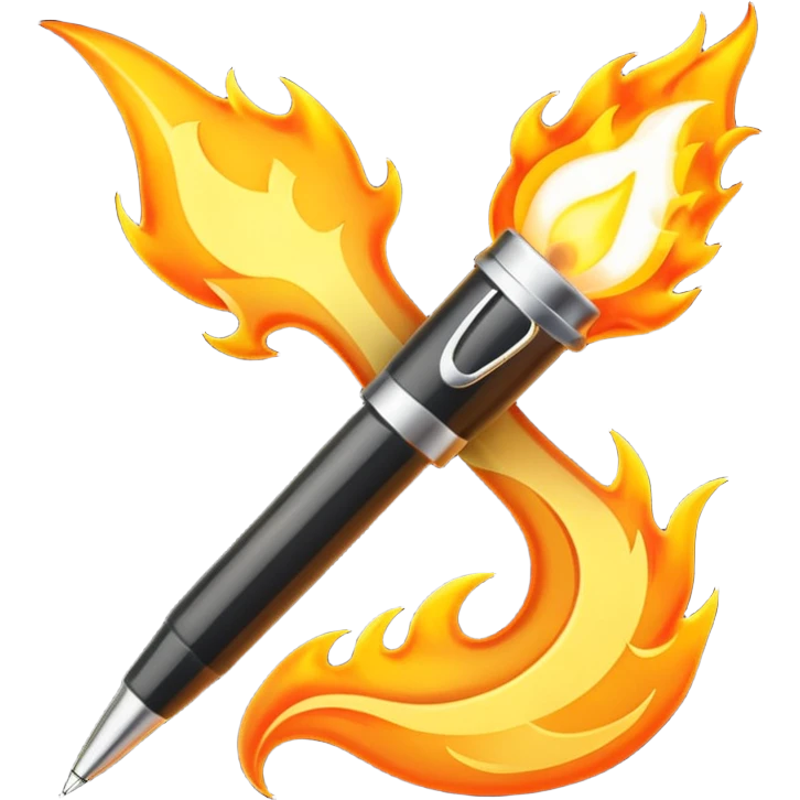 a pen, with a fire coming out of the ballpoint writing end of it emoji
