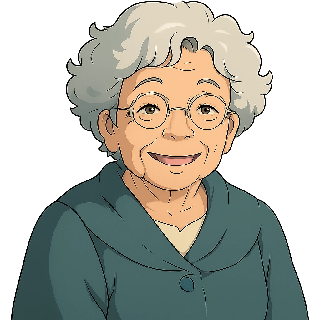 ghibli style older lady with silver curly hair smiling emoji