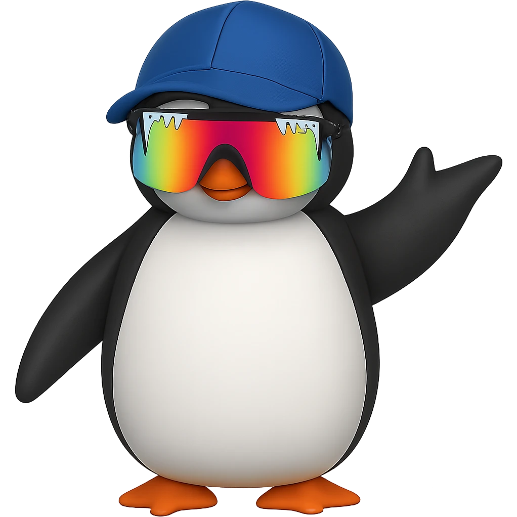 Add Pit Viper style sunglasses to the waving penguin with a baseball cap. Remove the background. Maintain the original style and look of the penguin. emoji