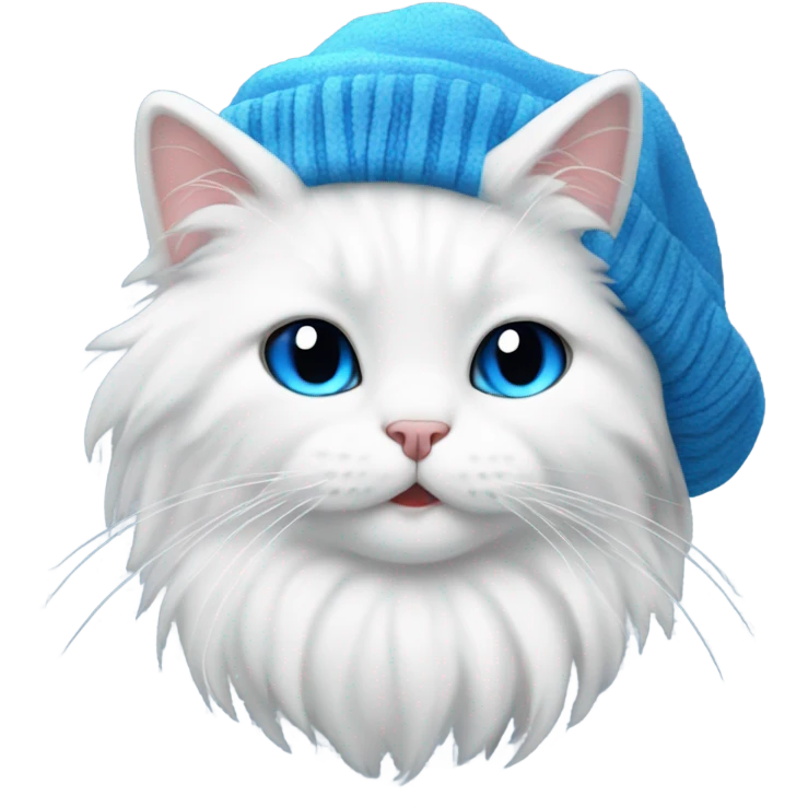 Thick fur white cute Cat wearing a blue beanie  emoji
