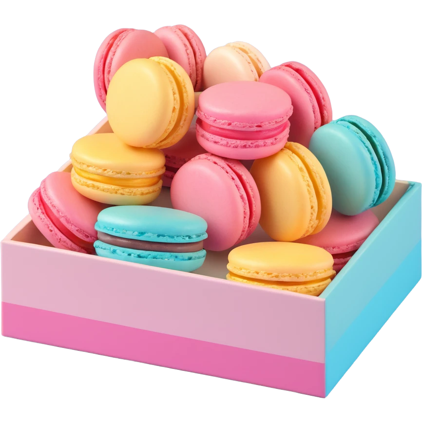 a box of macarons with geometric patterns, pastel colors, glossy finish, modern and stylish, iOS 3D emoji style emoji