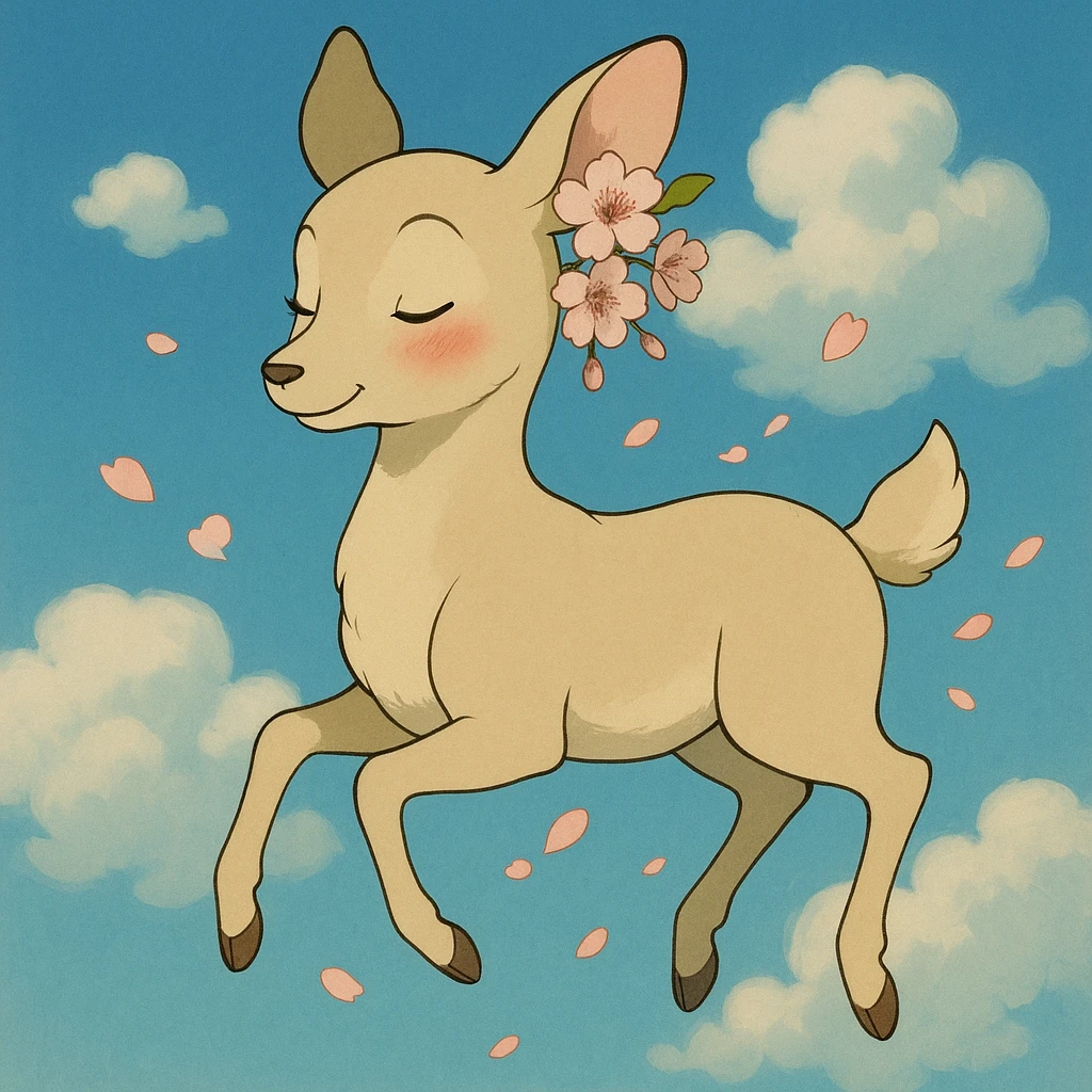 feminine adult vanilla cloud doe with rosy cheeks and cherry flowers, floating gracefully, Ghibli style emoji