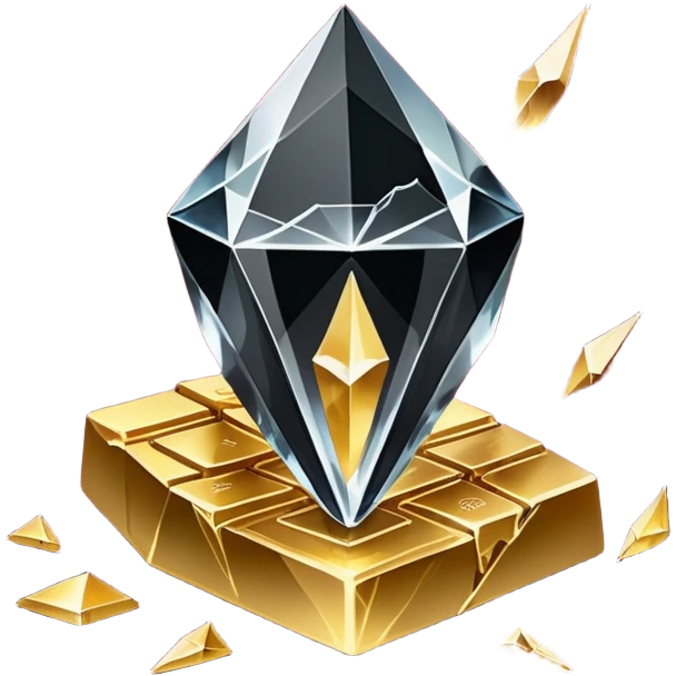 Minimal black hand outline gripping a shattered diamond prism, light shards projecting luxury items (e.g., perfume, gold bars), deep burgundy (#4A0E27) and onyx (#000000) background with metallic gold (#FFD700) fractures, dramatic chiaroscuro lighting, edgy opulence emoji