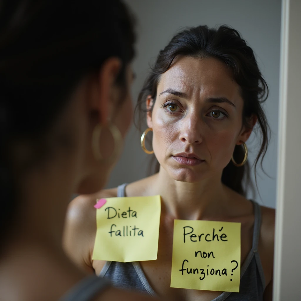 adult woman, photorealistic, close-up in front of mirror, post-it notes on mirror with writings 'Dieta fallita' and 'Perché non funziona?', sad expression, natural light, bathroom background emoji