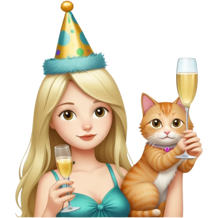Long-haired girl holding a cat and drinking champagne emoji