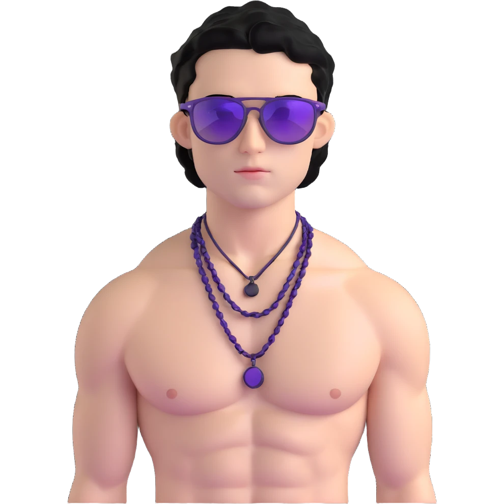 shirtless male athlete with white skin and moderately curly black hair on top with shaved sides, wearing purple sunglasses with black tinted lenses and a plain black chain necklace without pendant emoji