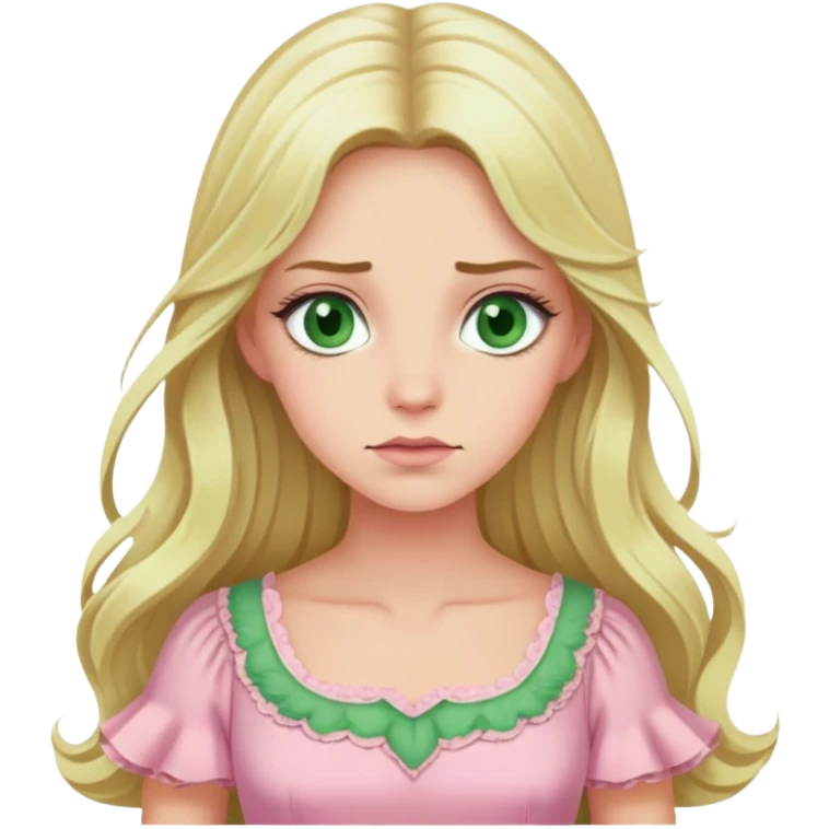 blonde with long hair and swamp eyes in a pink pastel dress, thoughtful emoji
