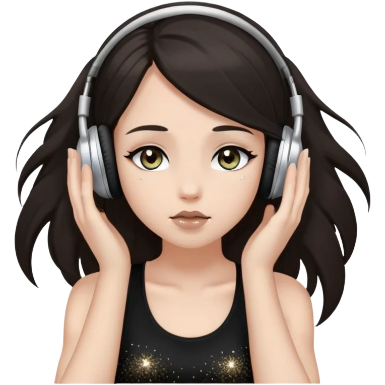 Girl with long dark hair, fair skin tone, wearing a black tank top, has glitter on her eyelids, and taupe lipstick, wearing white headphones, her hands are on her ears, and her hazel eyes are slightly close emoji