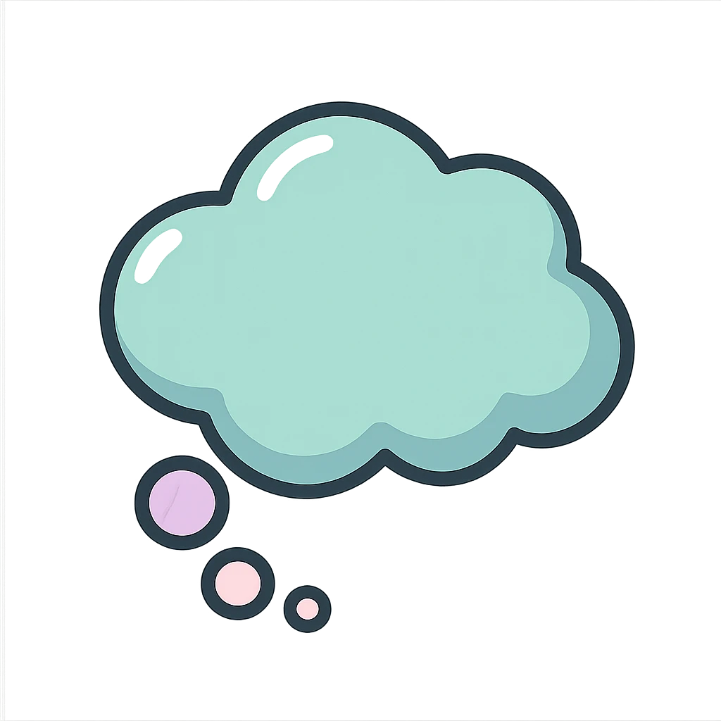 thought bubble, icon-color-outlined style, well detailed, detailed shadows and highlights, thin clean contours, soft rounded shapes, pastel palette #98B5BC, #B5B3C1, #C9A3C9, #E4C0CA, #F7DCD1, #F7C0AA, modern Japanese pop art and sticker aesthetics, soft lighting, transparent background emoji