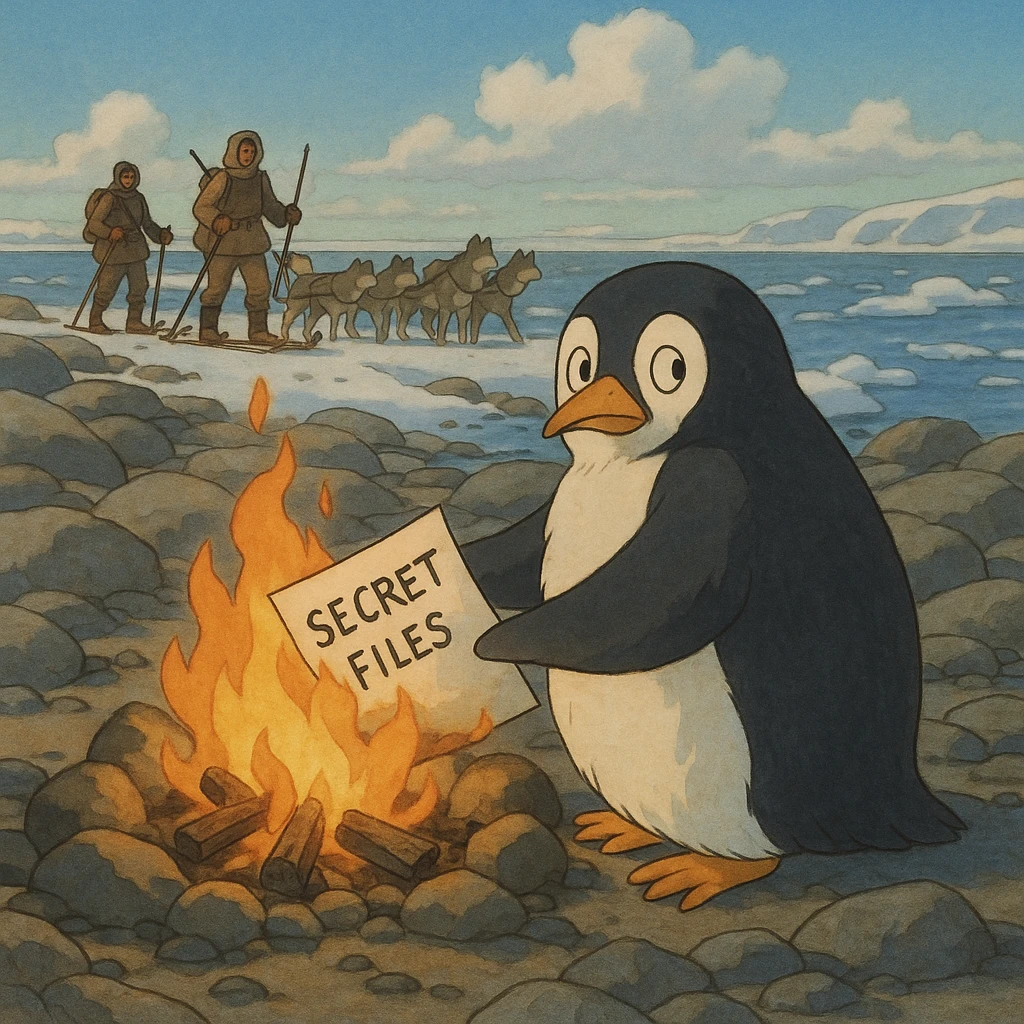 ghibli style penguin on a rocky polar shore, burning secret files in a campfire, looking over shoulder anxiously; distant horizon, two people with wolf sled, rifles, skis emoji