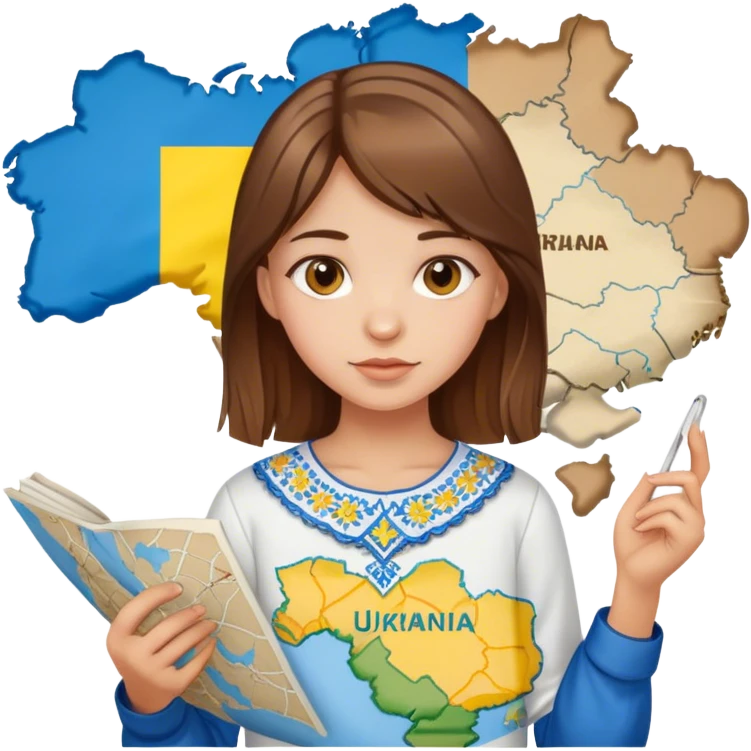A Ukrainian girl with brown hair wearing an embroidered shirt holds a map of Ukraine emoji