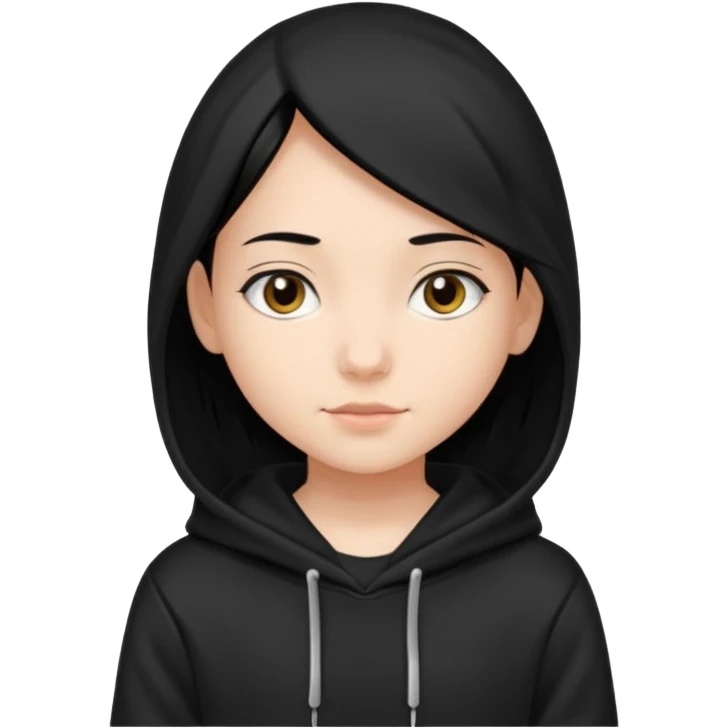후드티 입은 초딩여자 아이.후드 안 씀. 검은색 후드티와 검은 머리.  emoji