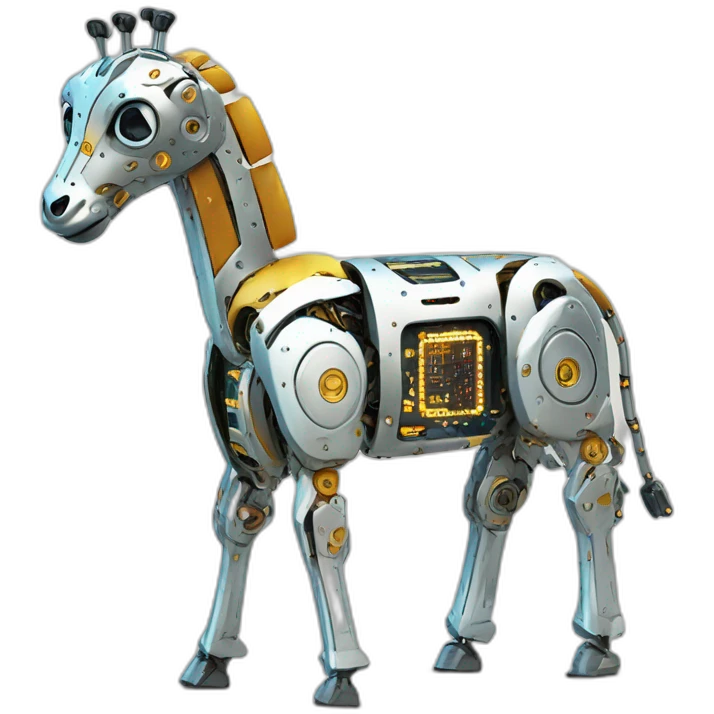Una girafa robotica con patrones de circuitos brillantes en su piel, piernas con juntas móviles y piezas de metal relucientes emoji