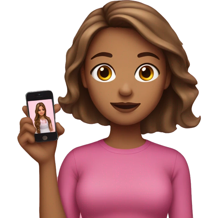Girl with brown hair, strand in front, wearing pink with an iPhone in her hand emoji
