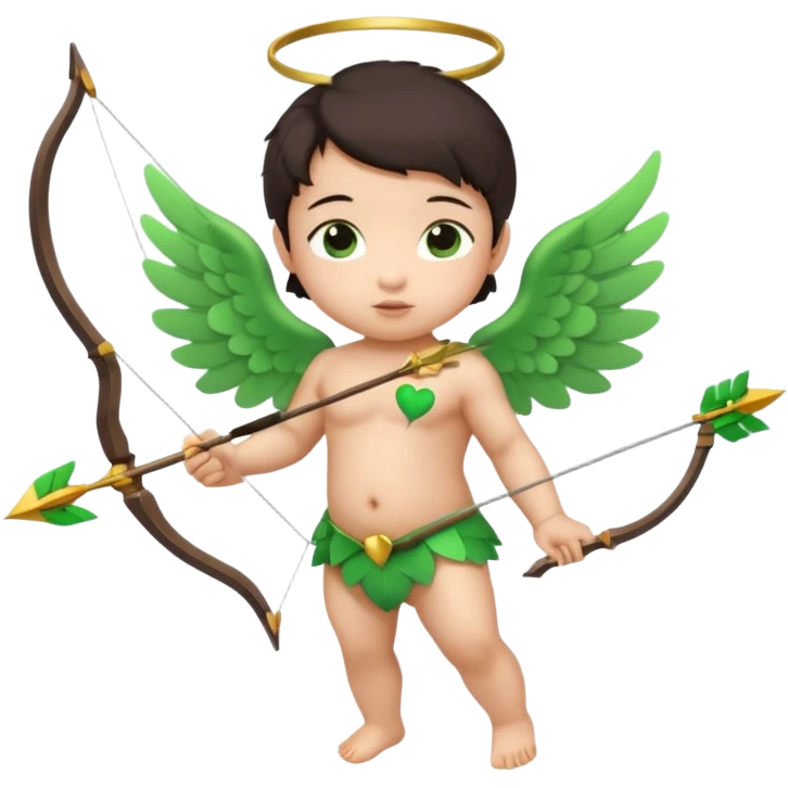 cupid asian baby flying full body with wings with brown eyes and dark hair handled bow and arrow directed to green emoji heart emoji