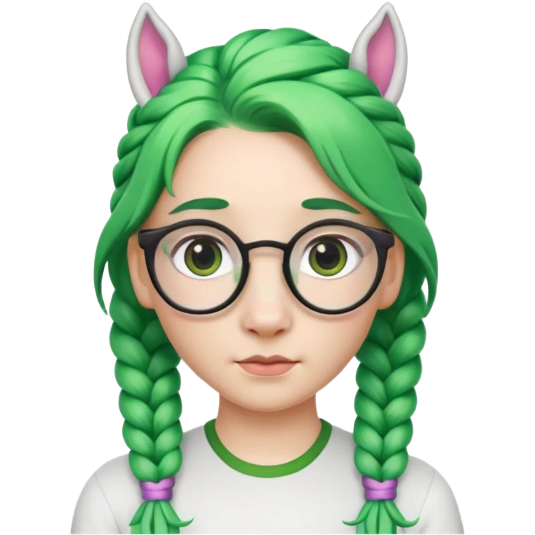 braided unicorn wiith big visible braids looking into the camera spectacled green hair and no ears emoji